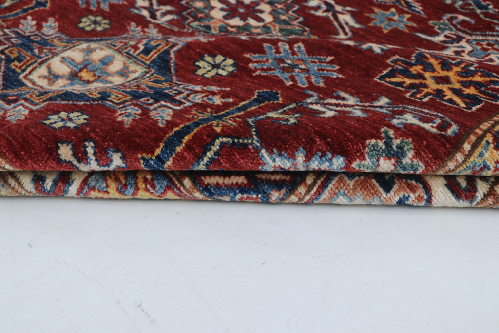 5x7 Beige & Red Super Kazak Area Rug | Handmade Wool & Cotton Geometric Rug