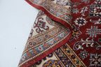 5x7 Beige & Red Super Kazak Area Rug | Handmade Wool & Cotton Geometric Rug