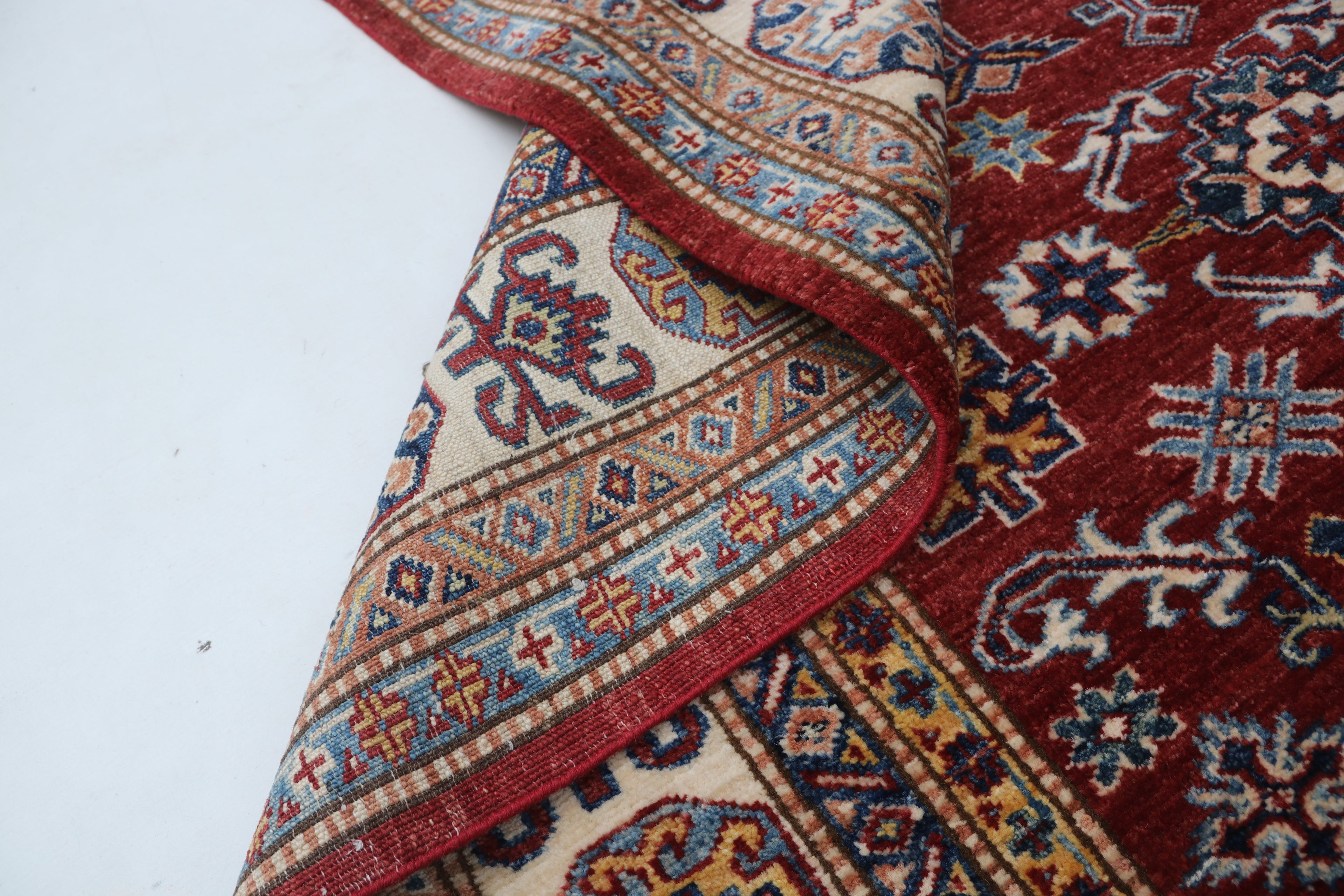 5x7 Beige & Red Super Kazak Area Rug | Handmade Wool & Cotton Geometric Rug