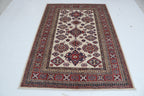 5x7 Beige & Red Super Kazak Area Rug | Handmade Wool & Cotton Geometric Rug