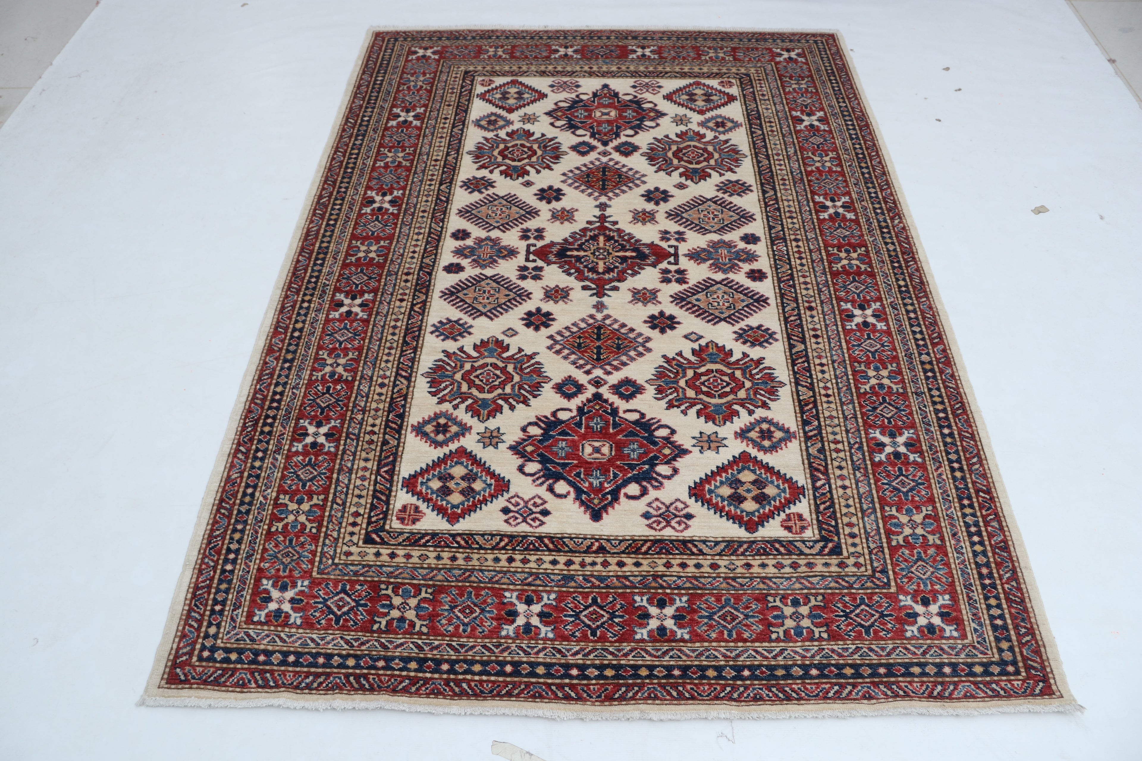 5x7 Beige & Red Super Kazak Area Rug | Handmade Wool & Cotton Geometric Rug