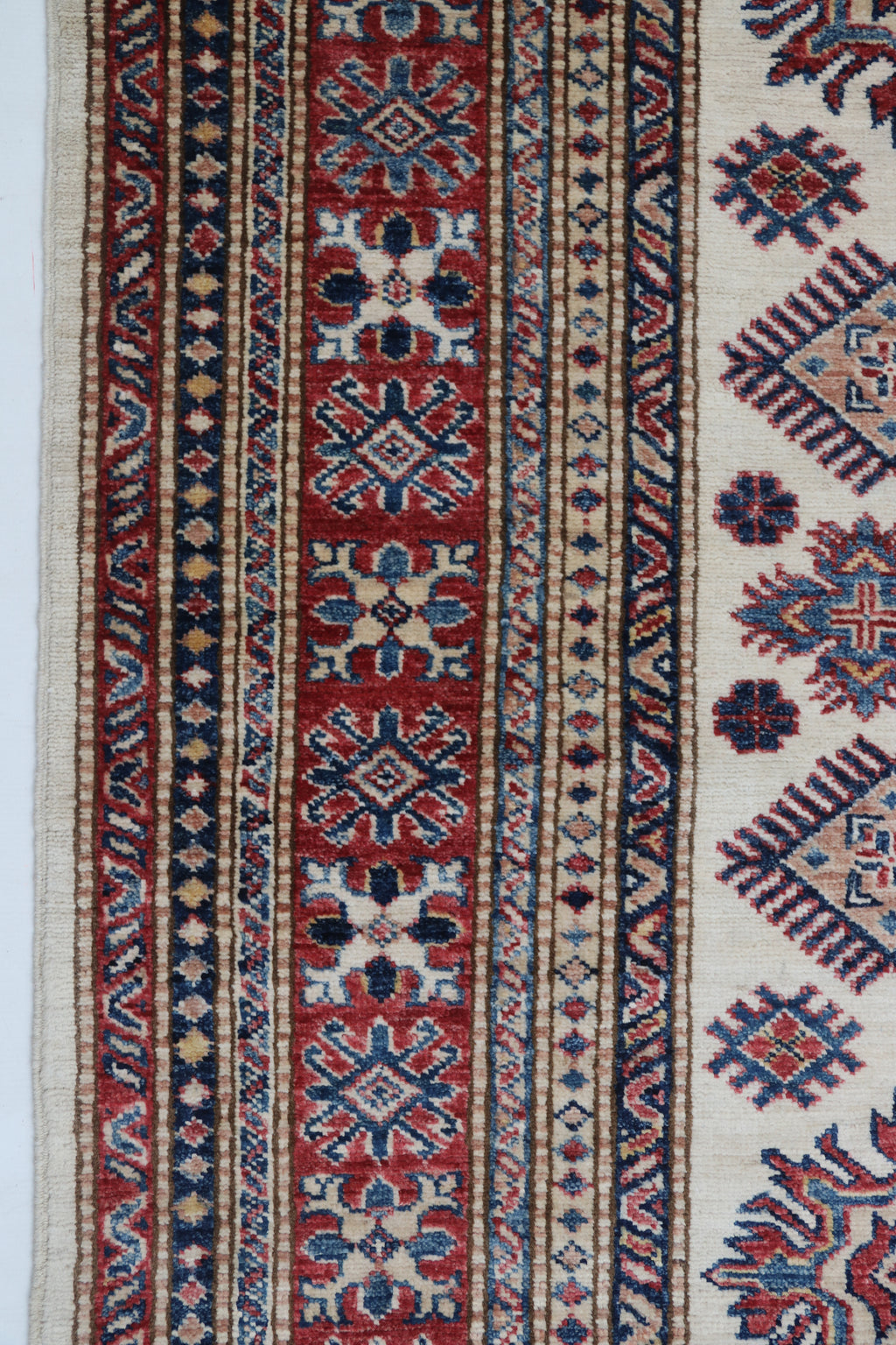 5x7 Beige & Red Super Kazak Area Rug | Handmade Wool & Cotton Geometric Rug