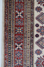 5x7 Beige & Red Super Kazak Area Rug | Handmade Wool & Cotton Geometric Rug