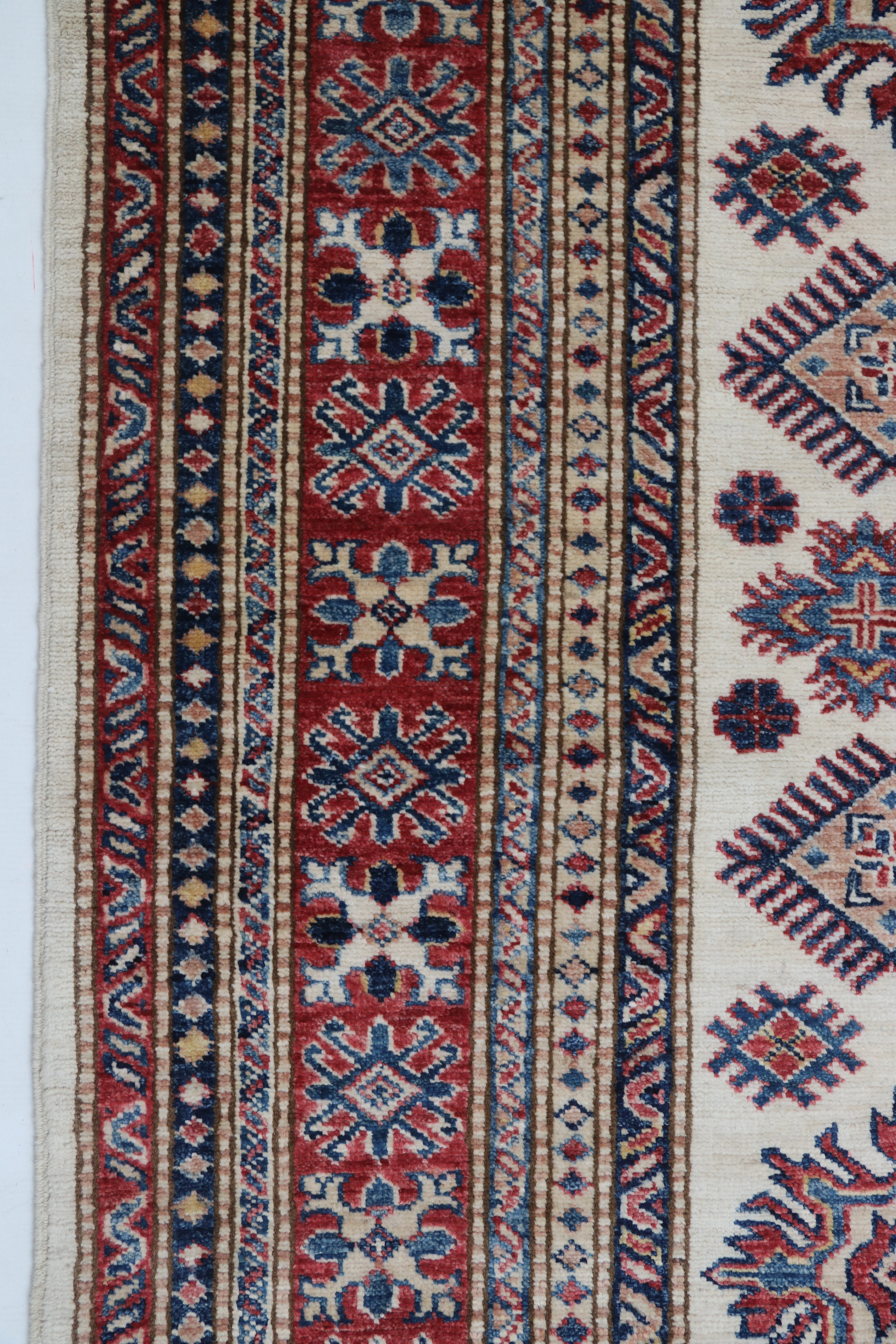 5x7 Beige & Red Super Kazak Area Rug | Handmade Wool & Cotton Geometric Rug