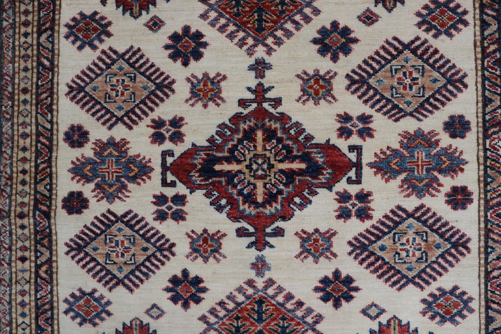 5x7 Beige & Red Super Kazak Area Rug | Handmade Wool & Cotton Geometric Rug