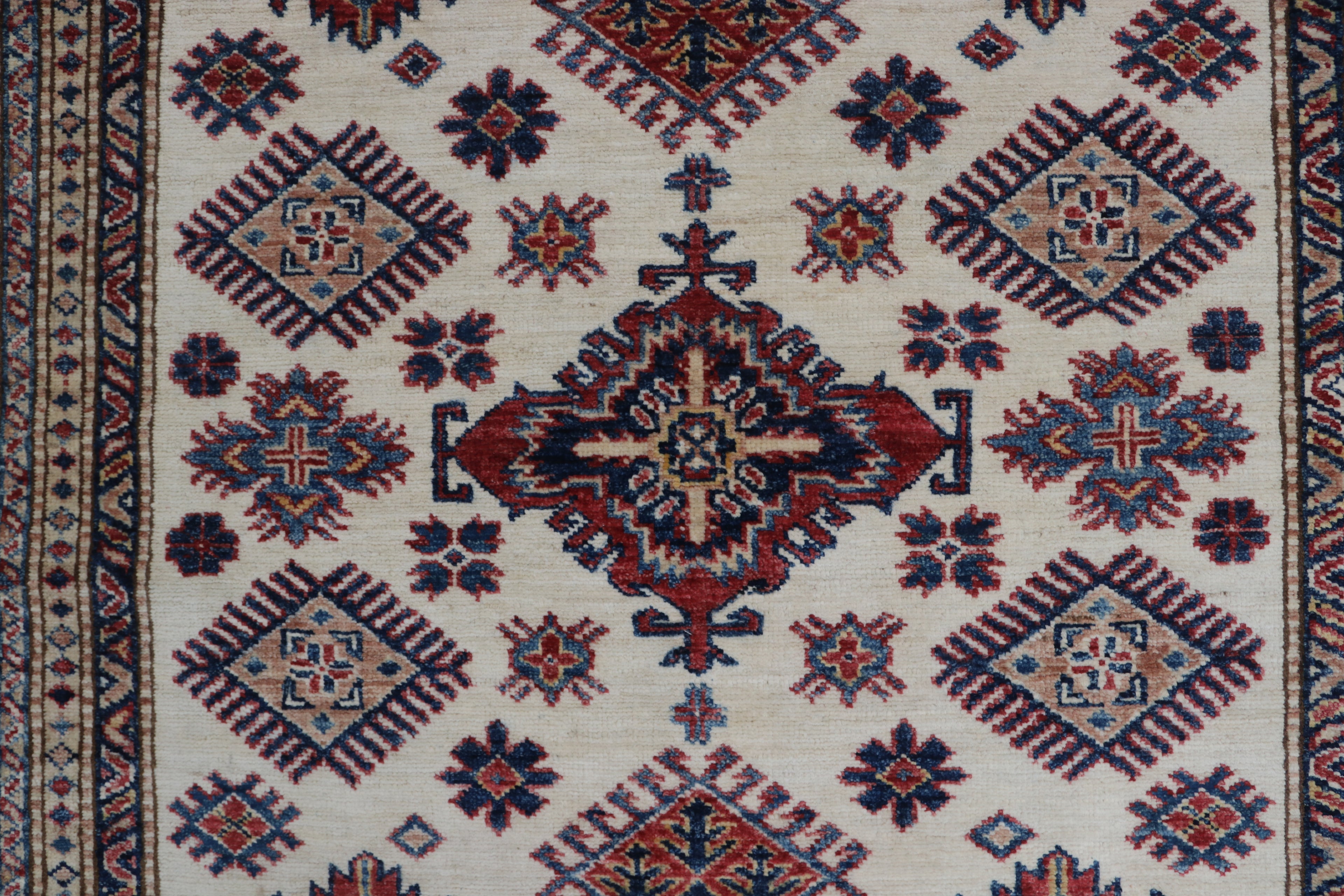5x7 Beige & Red Super Kazak Area Rug | Handmade Wool & Cotton Geometric Rug