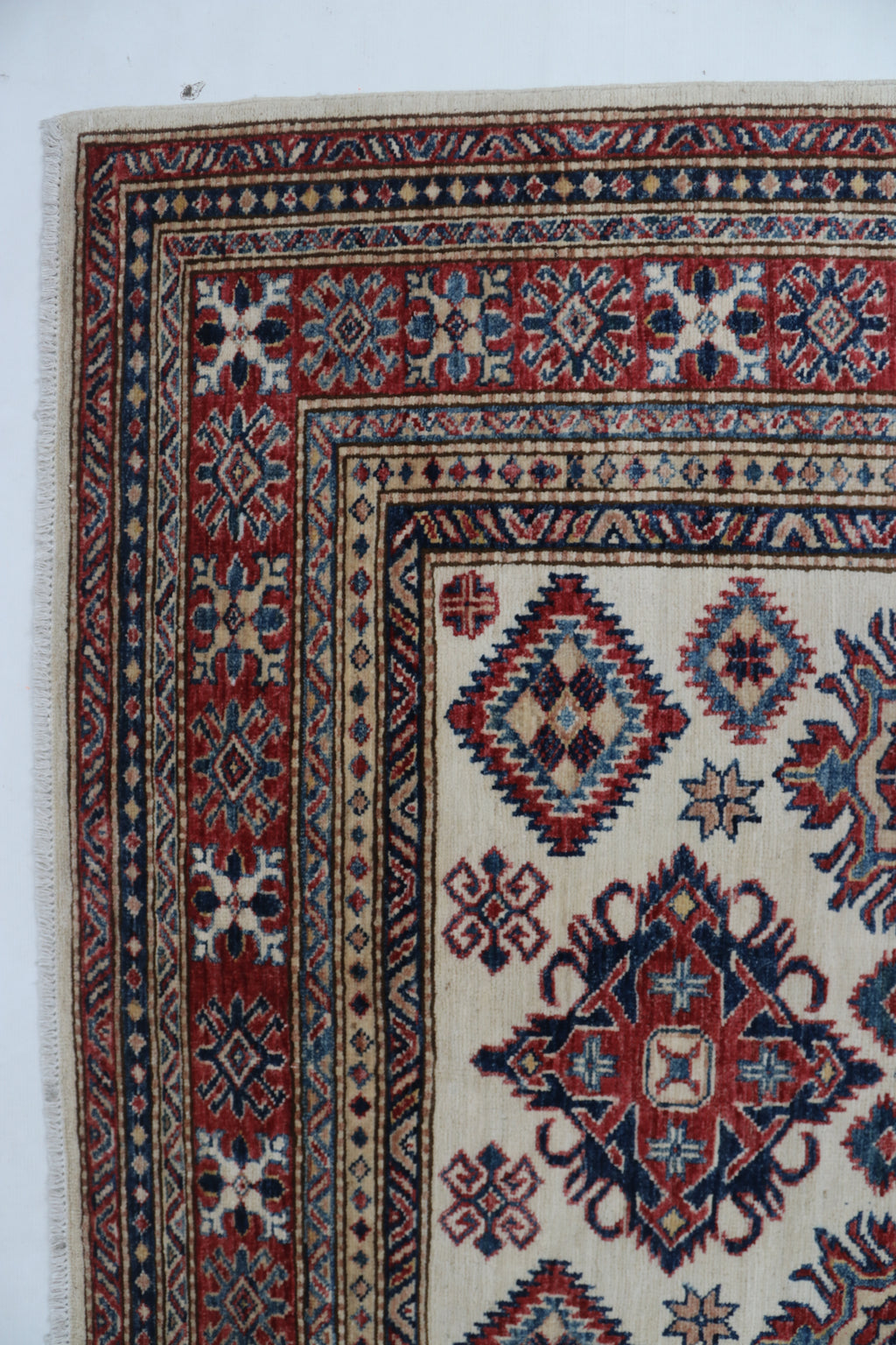 5x7 Beige & Red Super Kazak Area Rug | Handmade Wool & Cotton Geometric Rug