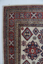5x7 Beige & Red Super Kazak Area Rug | Handmade Wool & Cotton Geometric Rug