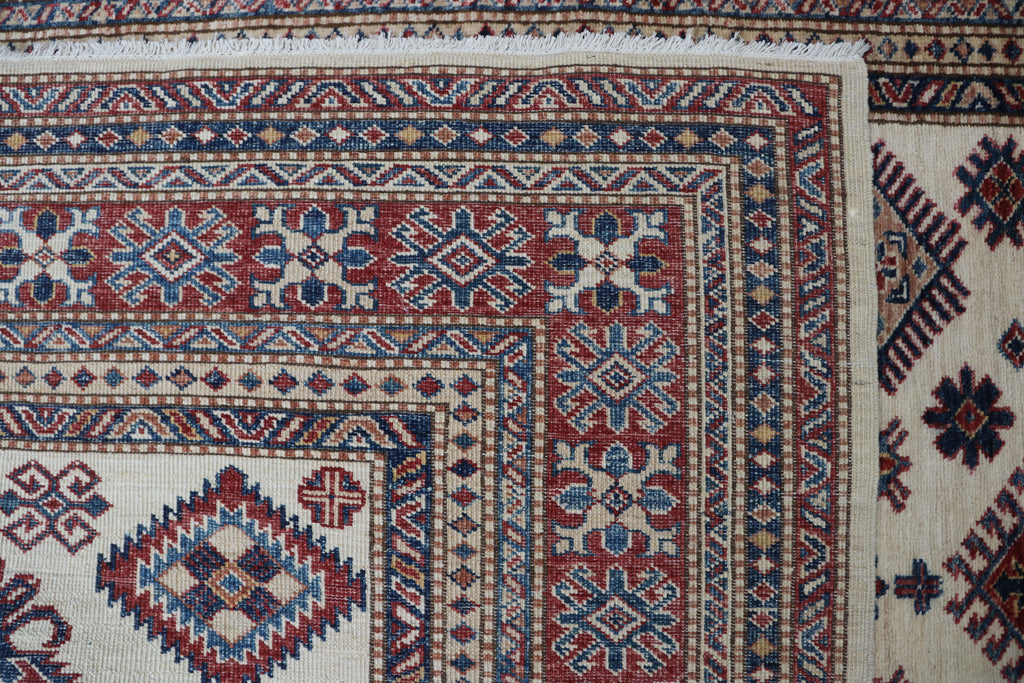 5x7 Beige & Red Super Kazak Area Rug | Handmade Wool & Cotton Geometric Rug