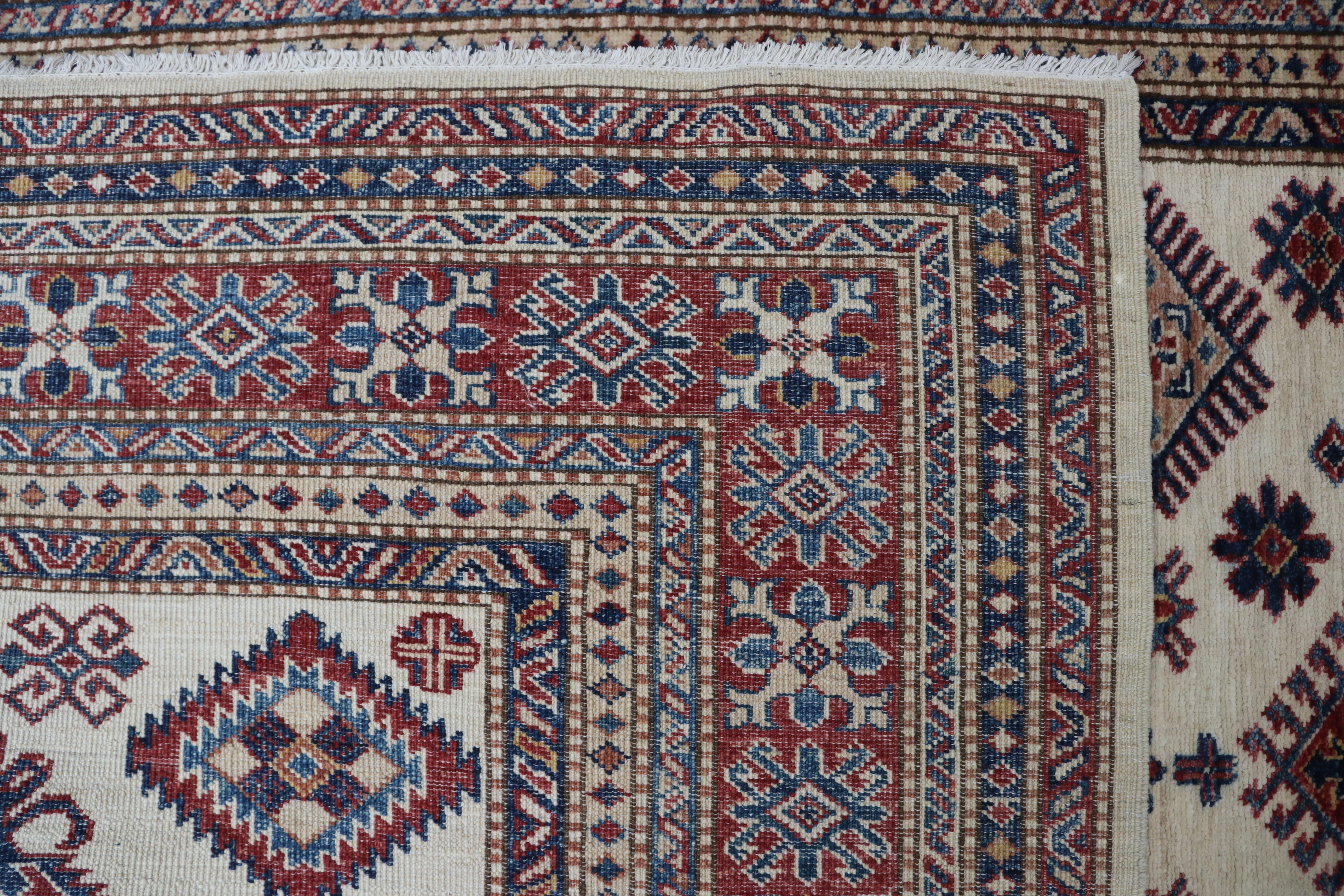 5x7 Beige & Red Super Kazak Area Rug | Handmade Wool & Cotton Geometric Rug