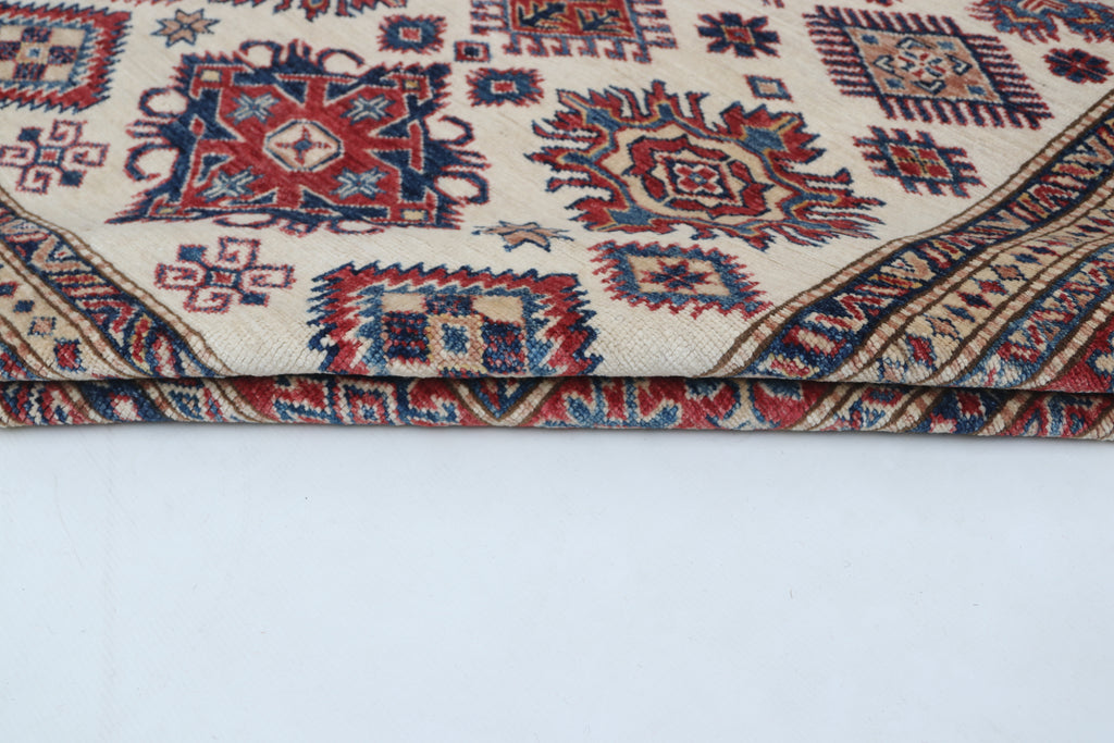 5x7 Beige & Red Super Kazak Area Rug | Handmade Wool & Cotton Geometric Rug