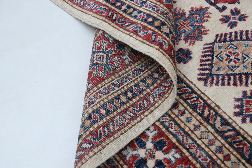 5x7 Beige & Red Super Kazak Area Rug | Handmade Wool & Cotton Geometric Rug