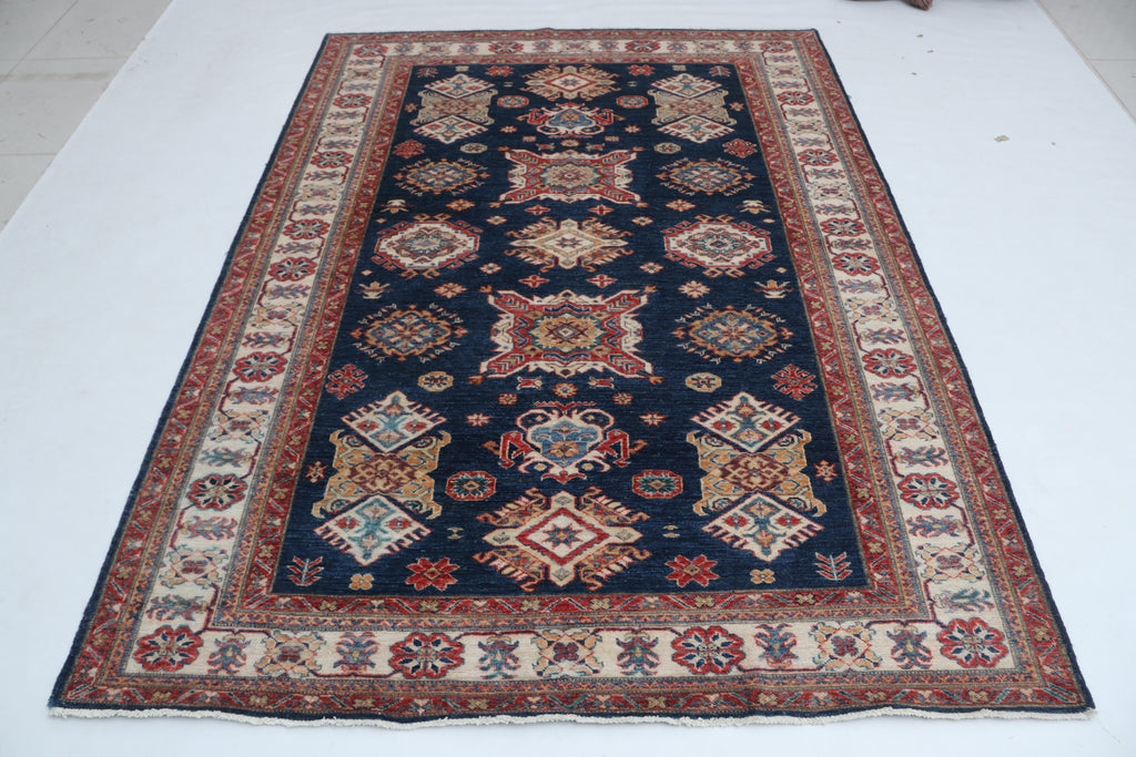6x8 Blue & Red Super Kazak Area Rug | Handmade Wool & Cotton Geometric Rug