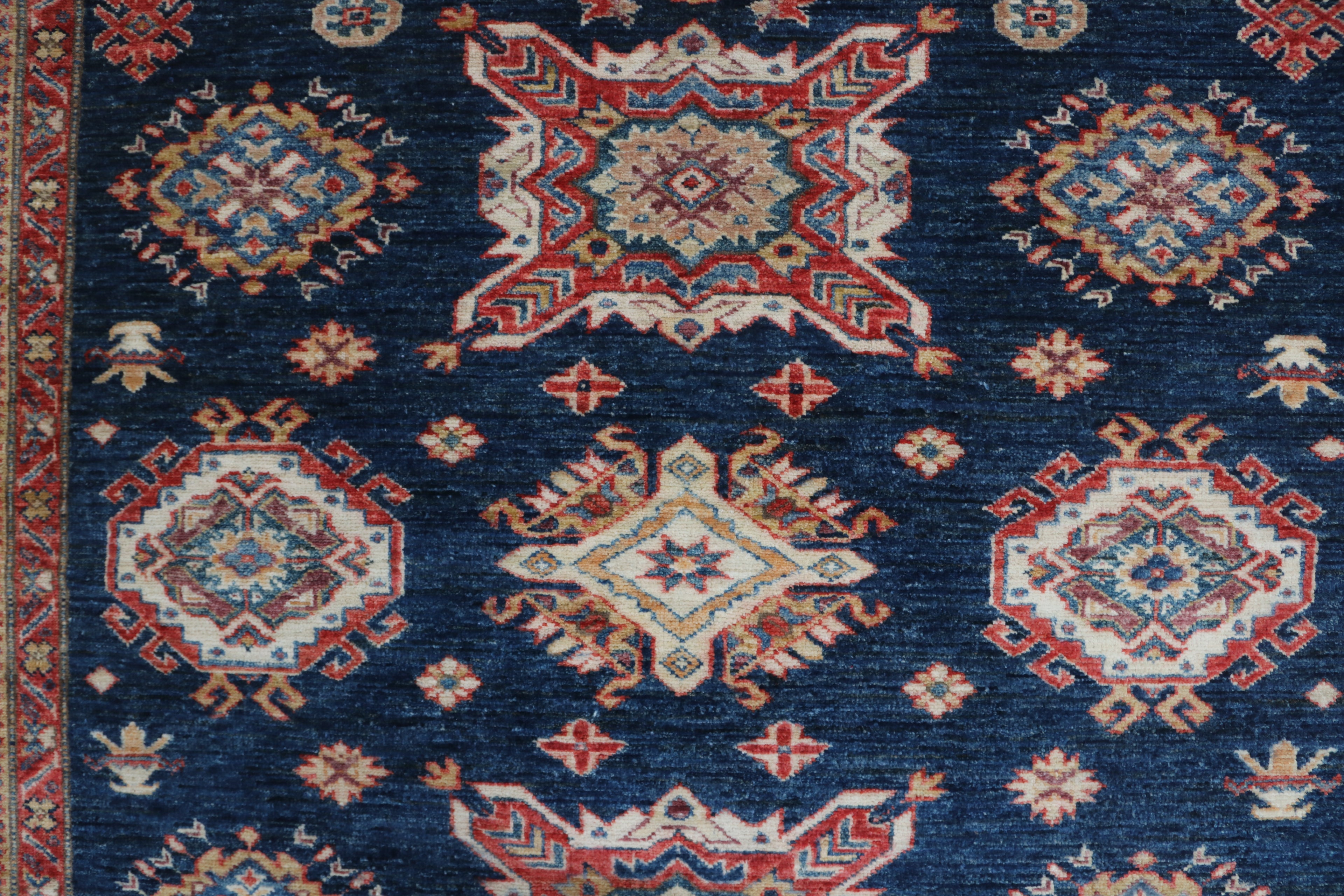 6x8 Blue & Red Super Kazak Area Rug | Handmade Wool & Cotton Geometric Rug