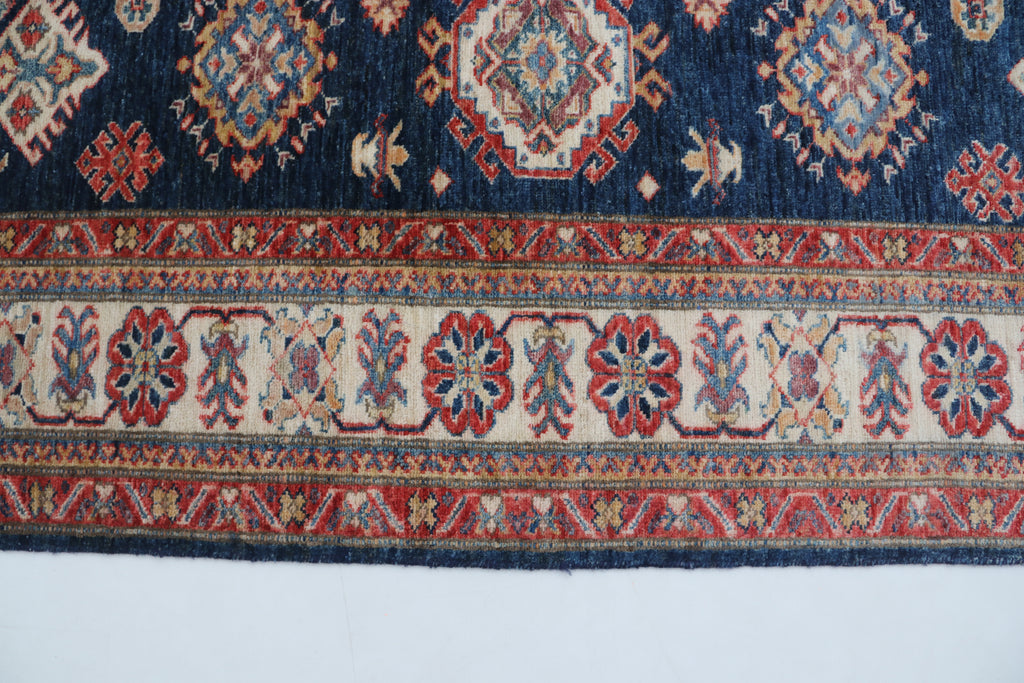 6x8 Blue & Red Super Kazak Area Rug | Handmade Wool & Cotton Geometric Rug