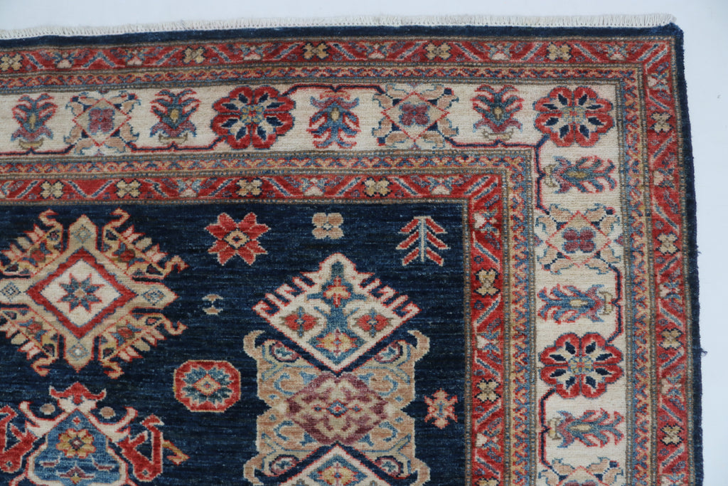 6x8 Blue & Red Super Kazak Area Rug | Handmade Wool & Cotton Geometric Rug
