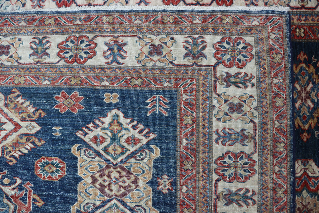 6x8 Blue & Red Super Kazak Area Rug | Handmade Wool & Cotton Geometric Rug