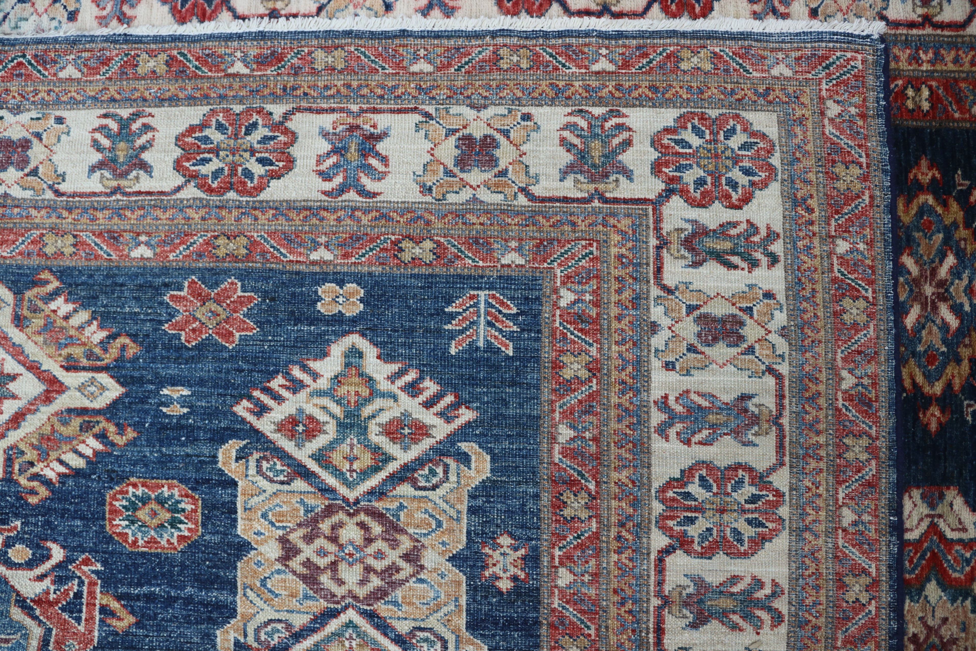 6x8 Blue & Red Super Kazak Area Rug | Handmade Wool & Cotton Geometric Rug