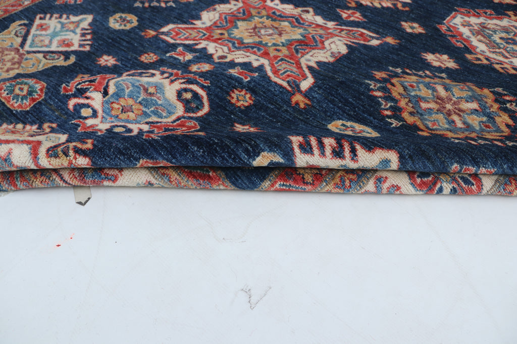 6x8 Blue & Red Super Kazak Area Rug | Handmade Wool & Cotton Geometric Rug