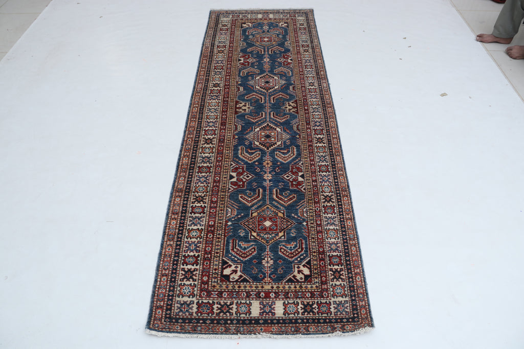 2x8 Beige & Red Super Kazak Runner Rug | Handmade Wool & Cotton Geometric Rug