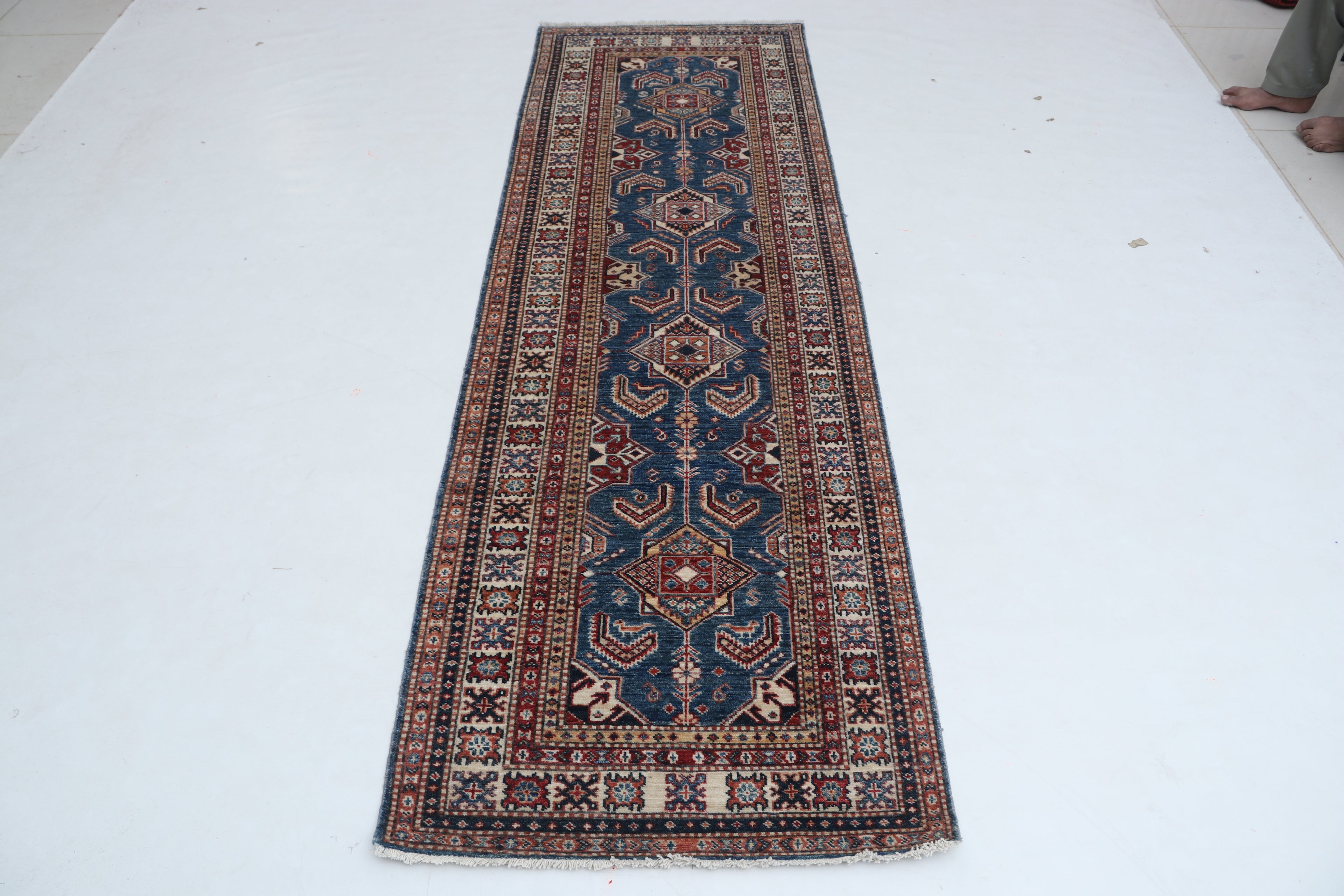 2x8 Beige & Red Super Kazak Runner Rug | Handmade Wool & Cotton Geometric Rug