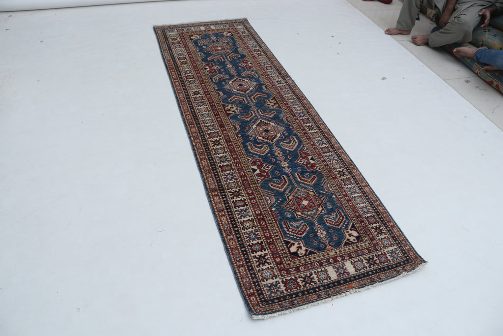 2x8 Beige & Red Super Kazak Runner Rug | Handmade Wool & Cotton Geometric Rug