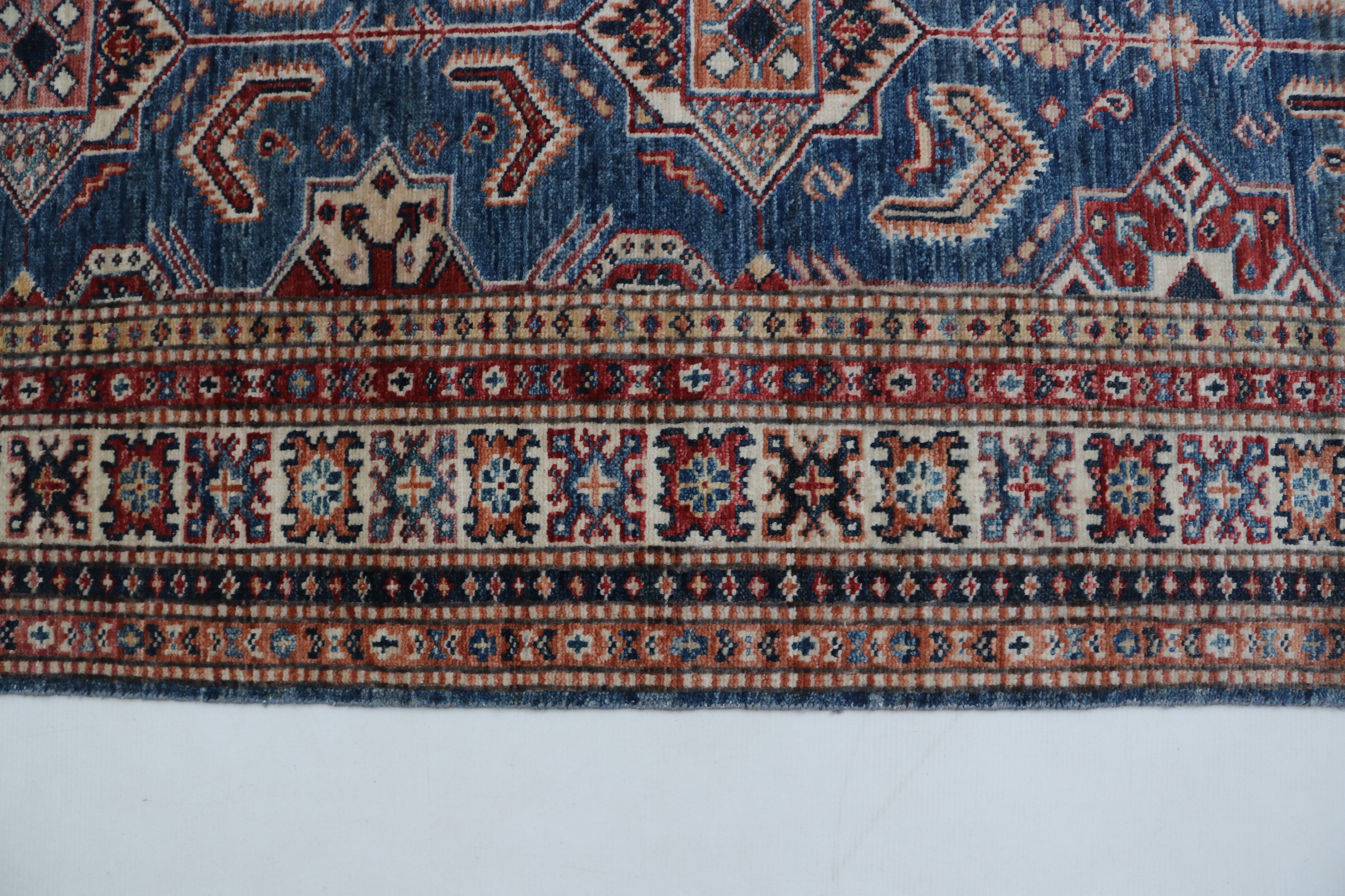 2x8 Beige & Red Super Kazak Runner Rug | Handmade Wool & Cotton Geometric Rug