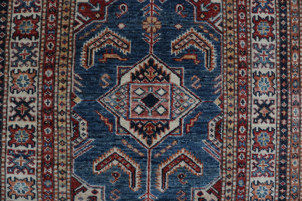 2x8 Beige & Red Super Kazak Runner Rug | Handmade Wool & Cotton Geometric Rug