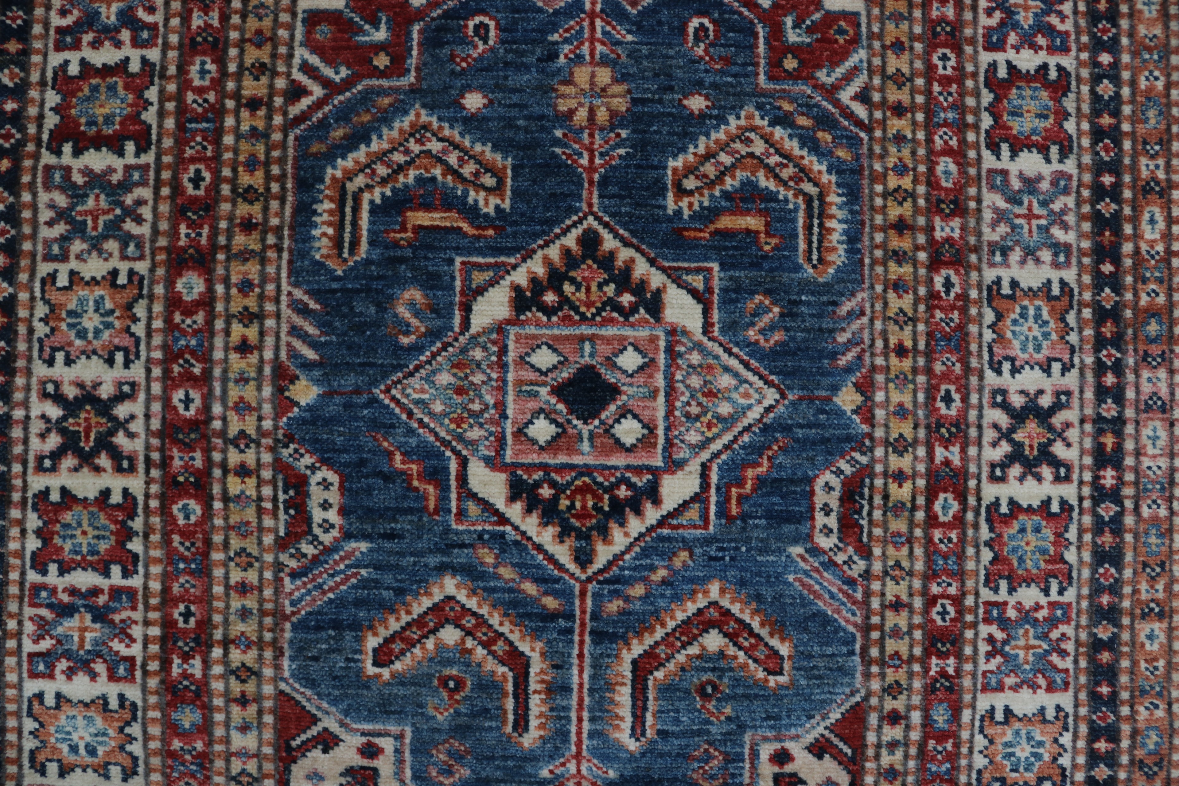 2x8 Beige & Red Super Kazak Runner Rug | Handmade Wool & Cotton Geometric Rug