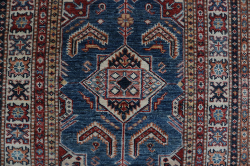 2x8 Beige & Red Super Kazak Runner Rug | Handmade Wool & Cotton Geometric Rug