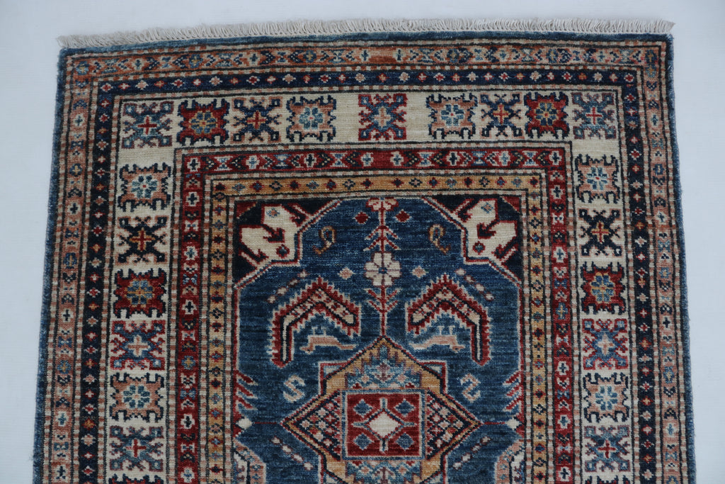 2x8 Beige & Red Super Kazak Runner Rug | Handmade Wool & Cotton Geometric Rug