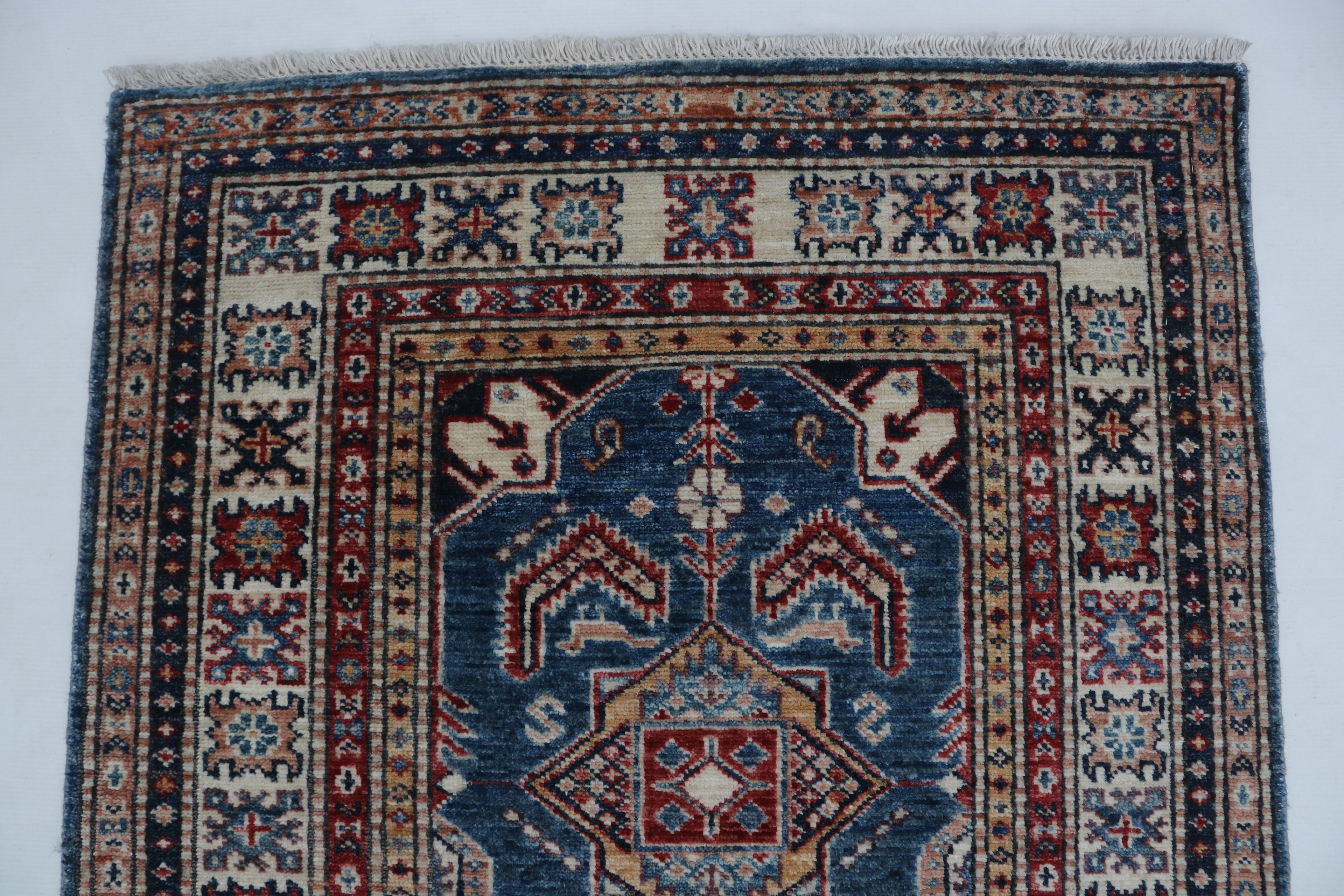 2x8 Beige & Red Super Kazak Runner Rug | Handmade Wool & Cotton Geometric Rug