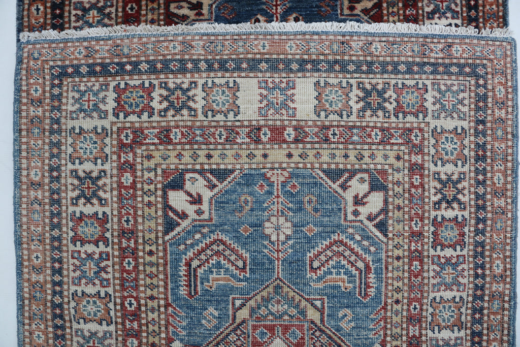 2x8 Beige & Red Super Kazak Runner Rug | Handmade Wool & Cotton Geometric Rug