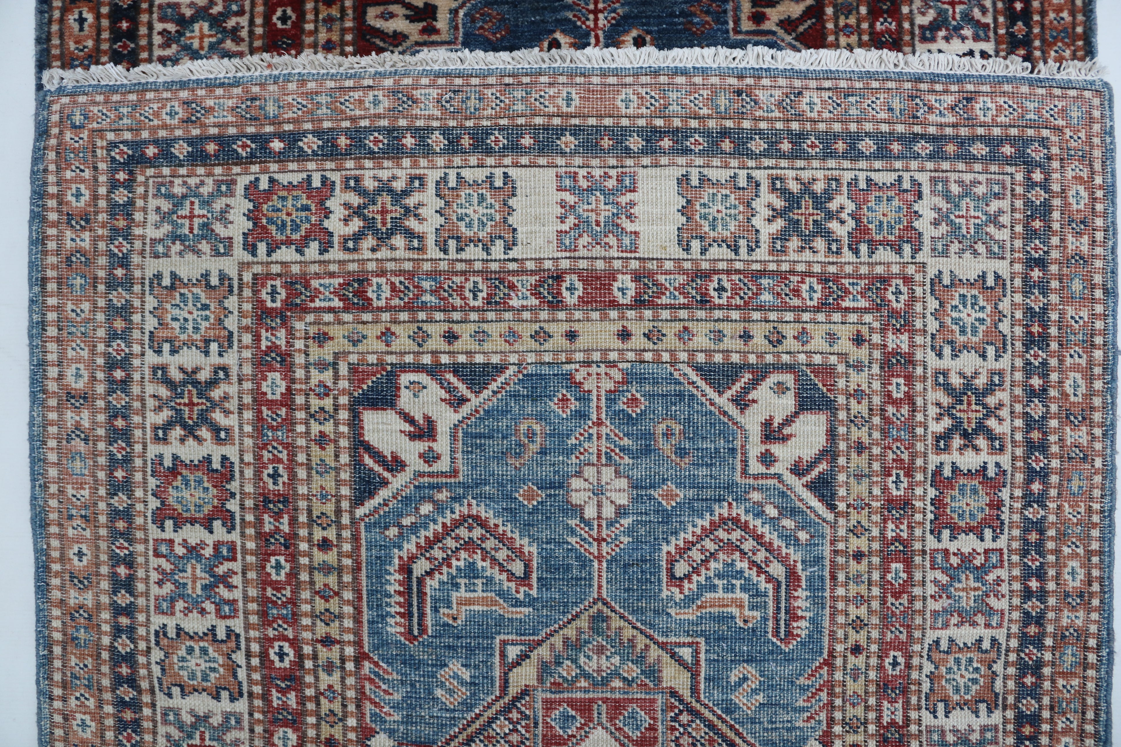2x8 Beige & Red Super Kazak Runner Rug | Handmade Wool & Cotton Geometric Rug
