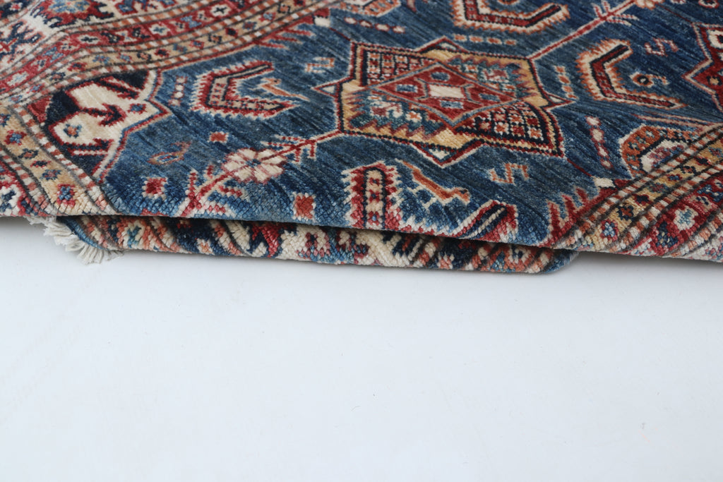 2x8 Beige & Red Super Kazak Runner Rug | Handmade Wool & Cotton Geometric Rug