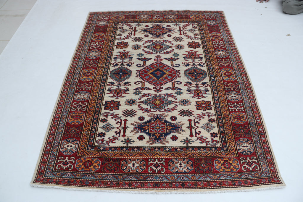 5x6 Beige & Red Super Kazak Area Rug | Handmade Wool & Cotton Geometric Rug