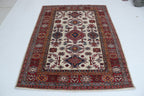 5x6 Beige & Red Super Kazak Area Rug | Handmade Wool & Cotton Geometric Rug