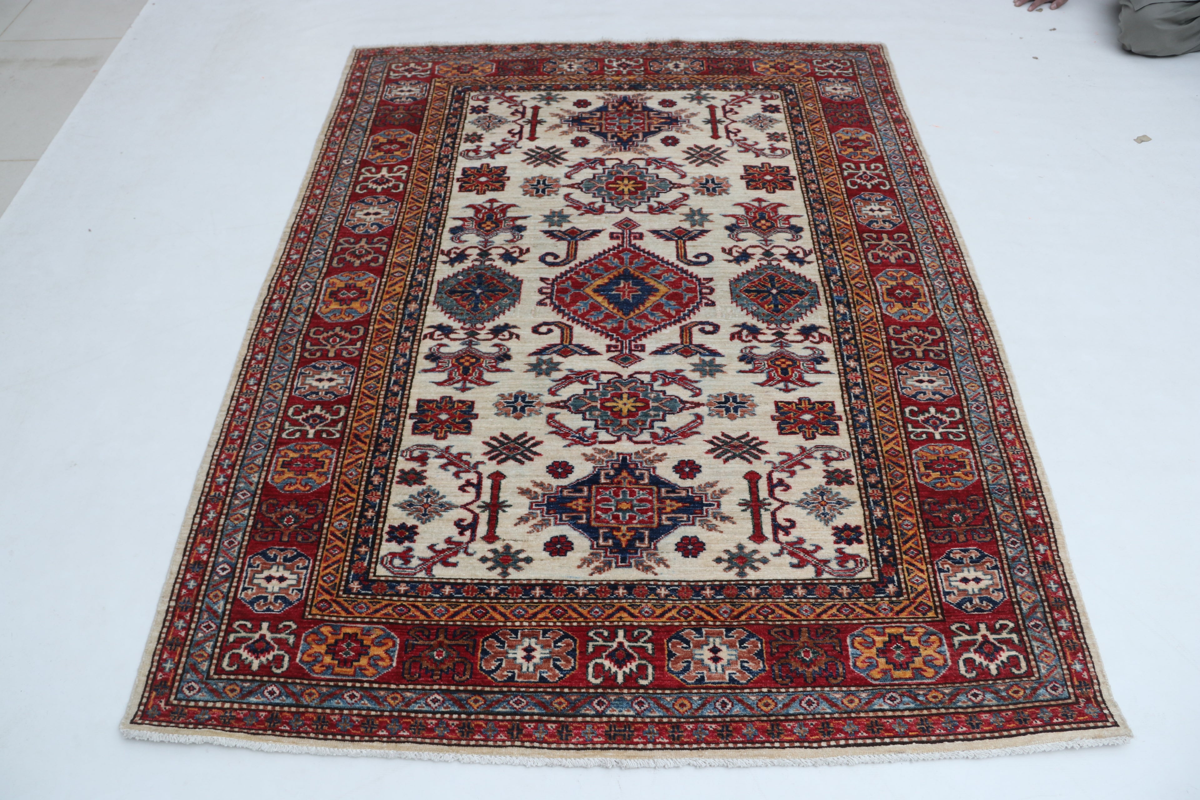 5x6 Beige & Red Super Kazak Area Rug | Handmade Wool & Cotton Geometric Rug