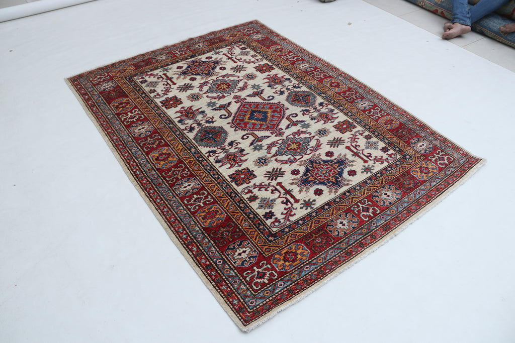 5x6 Beige & Red Super Kazak Area Rug | Handmade Wool & Cotton Geometric Rug