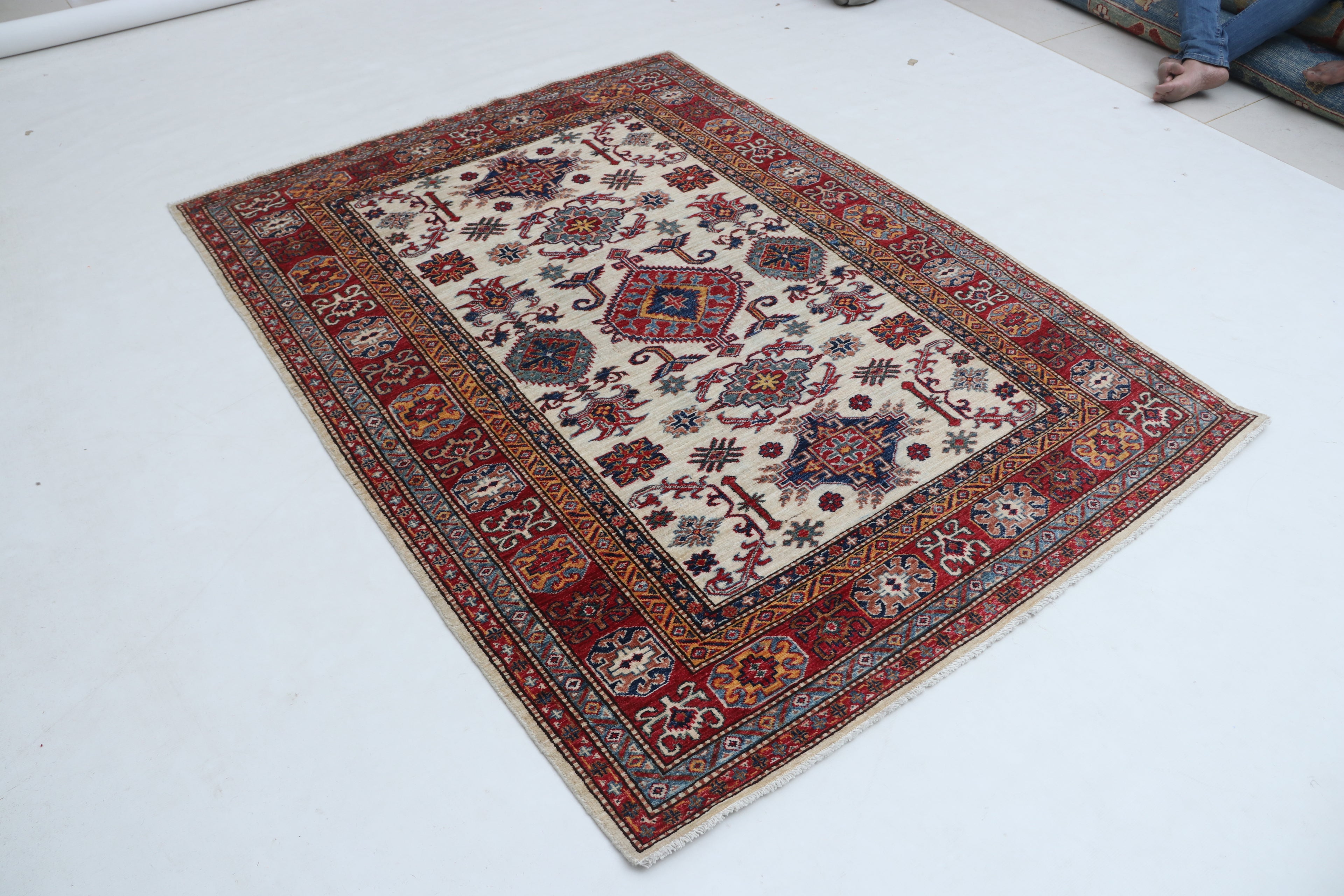 5x6 Beige & Red Super Kazak Area Rug | Handmade Wool & Cotton Geometric Rug