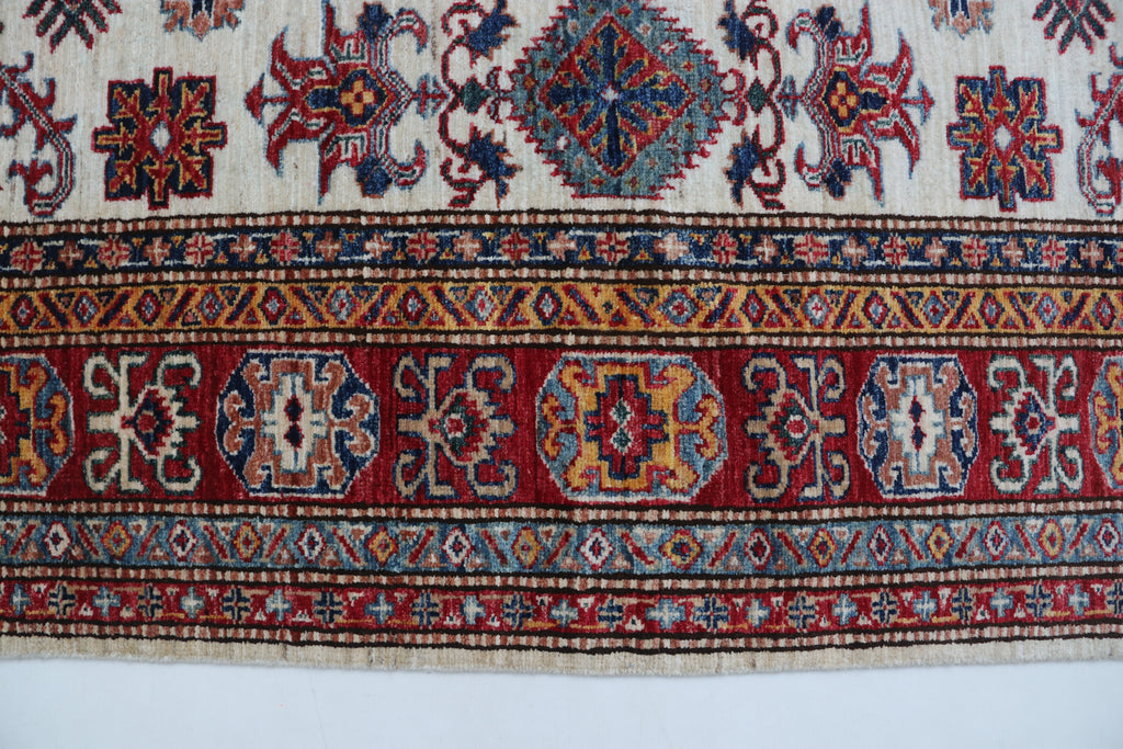 5x6 Beige & Red Super Kazak Area Rug | Handmade Wool & Cotton Geometric Rug