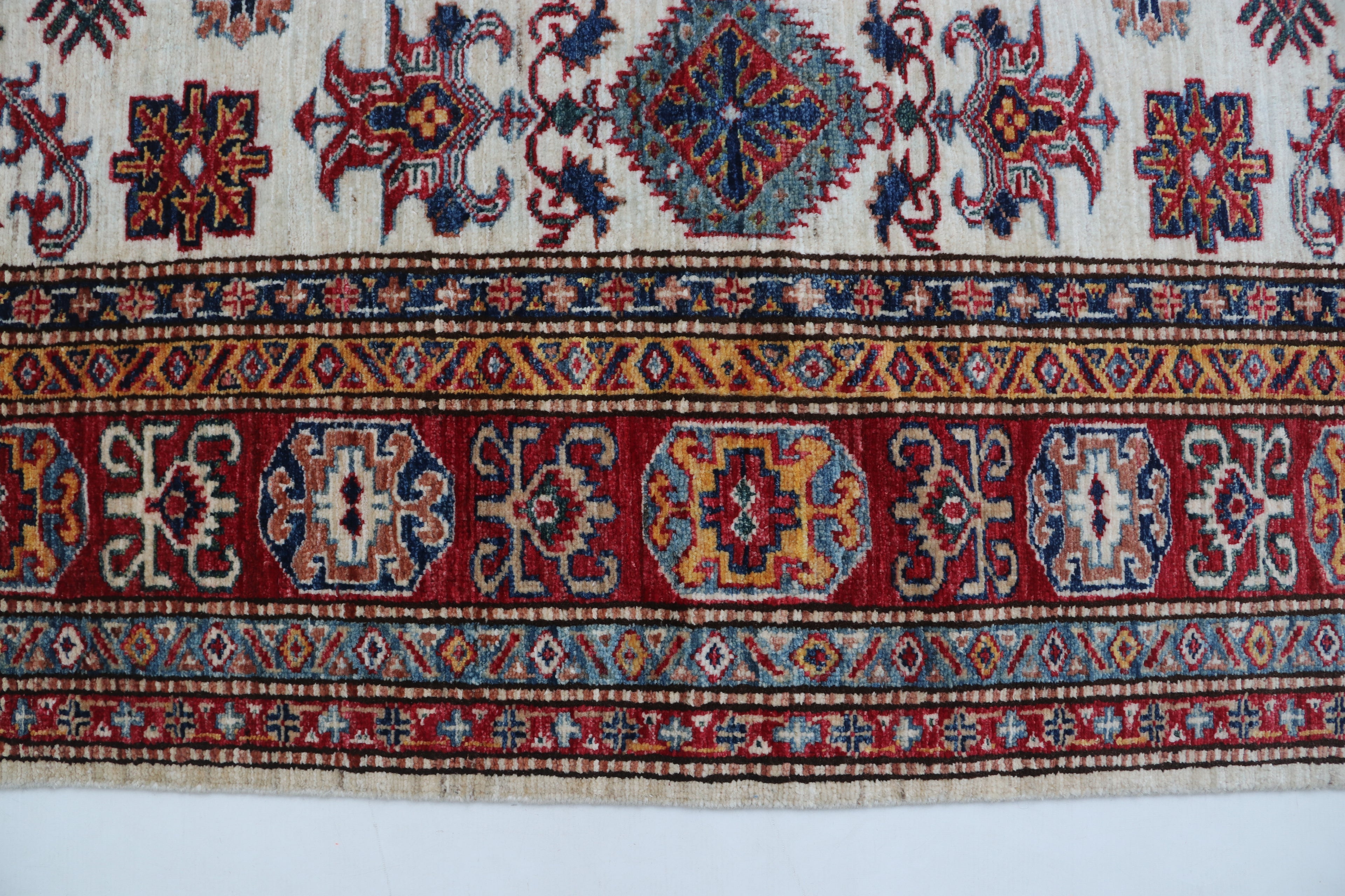 5x6 Beige & Red Super Kazak Area Rug | Handmade Wool & Cotton Geometric Rug