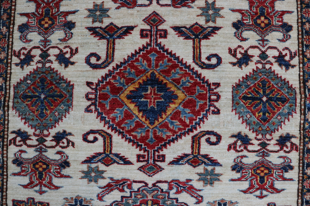 5x6 Beige & Red Super Kazak Area Rug | Handmade Wool & Cotton Geometric Rug