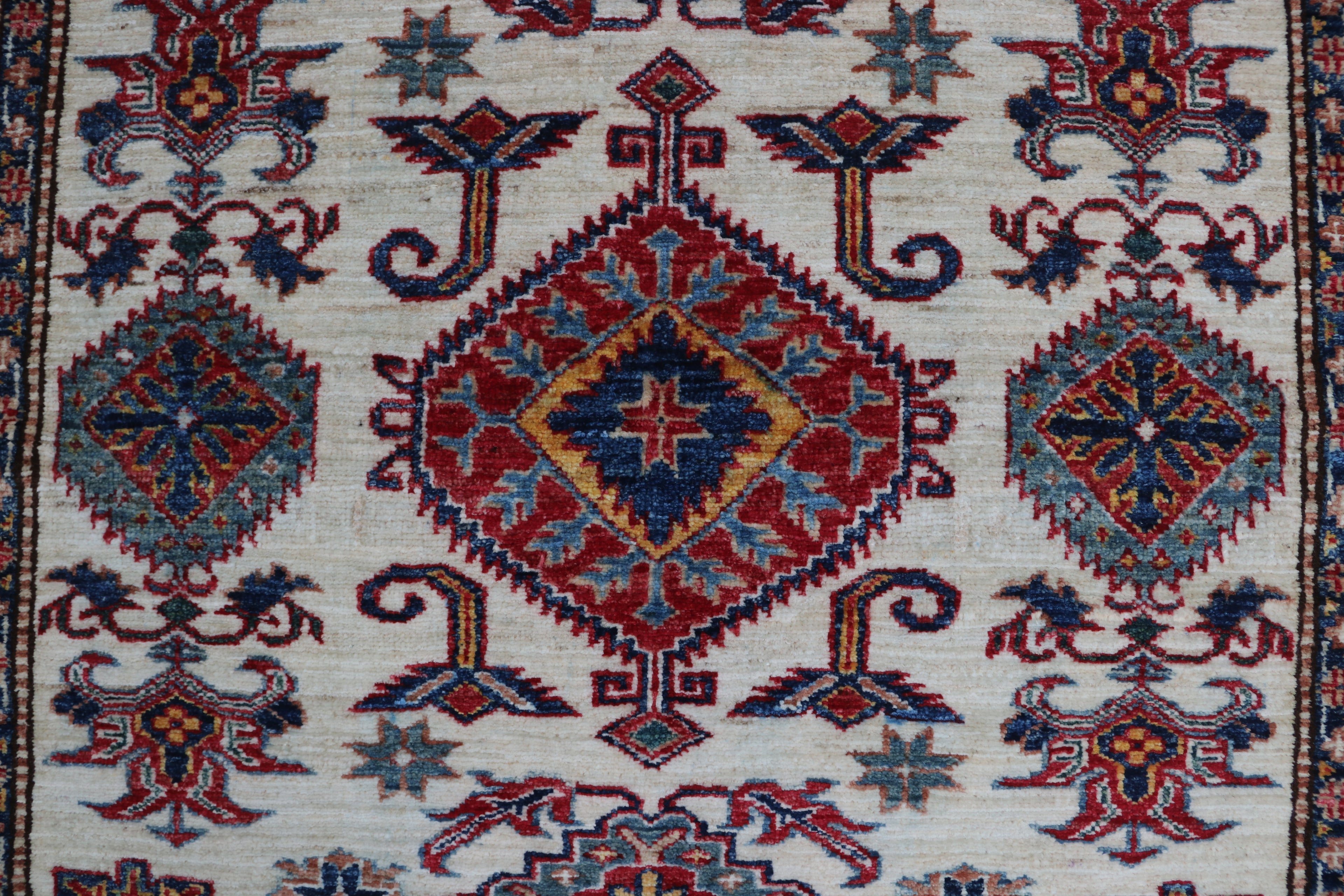 5x6 Beige & Red Super Kazak Area Rug | Handmade Wool & Cotton Geometric Rug