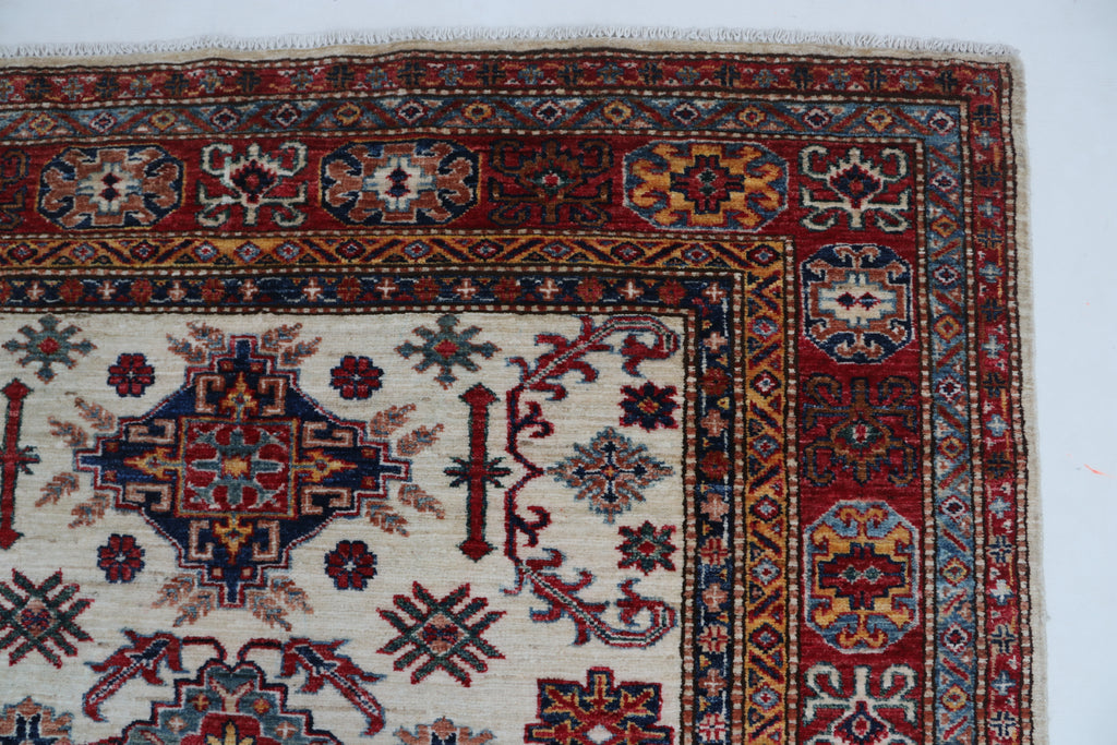 5x6 Beige & Red Super Kazak Area Rug | Handmade Wool & Cotton Geometric Rug