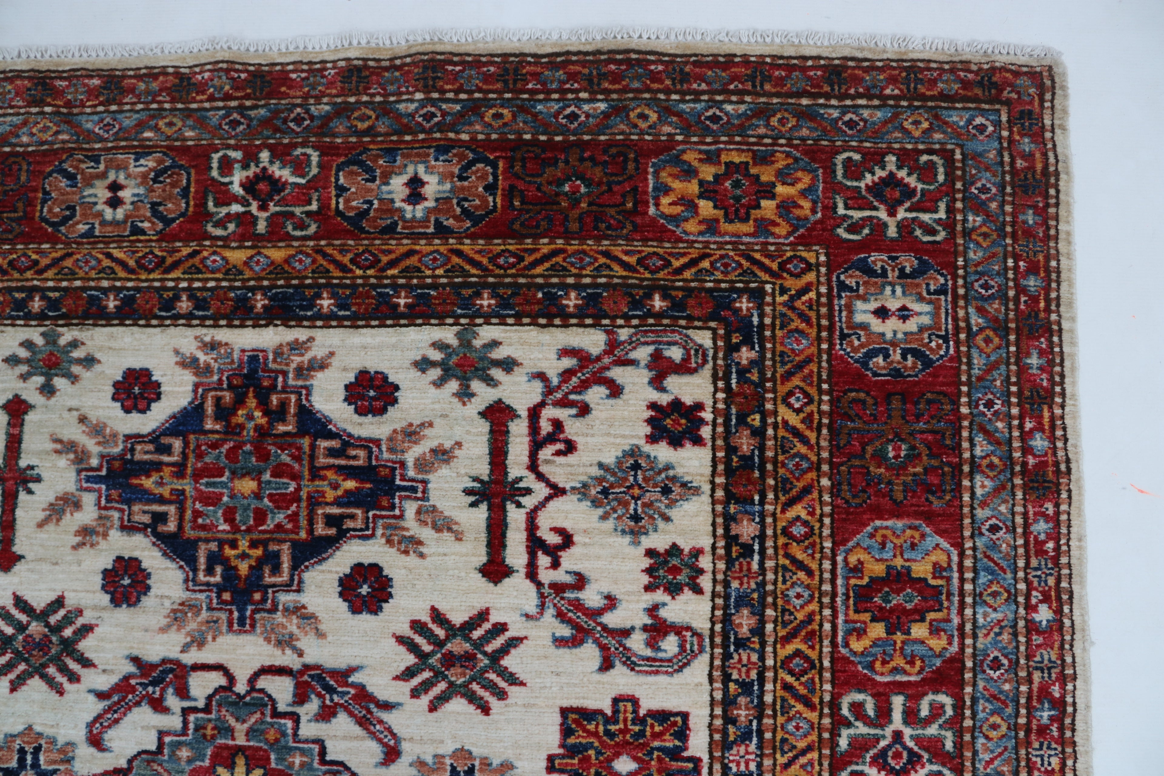 5x6 Beige & Red Super Kazak Area Rug | Handmade Wool & Cotton Geometric Rug