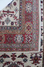 5x6 Beige & Red Super Kazak Area Rug | Handmade Wool & Cotton Geometric Rug