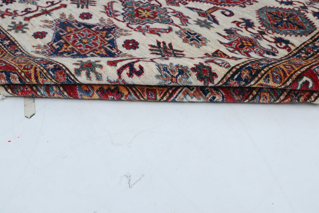 5x6 Beige & Red Super Kazak Area Rug | Handmade Wool & Cotton Geometric Rug
