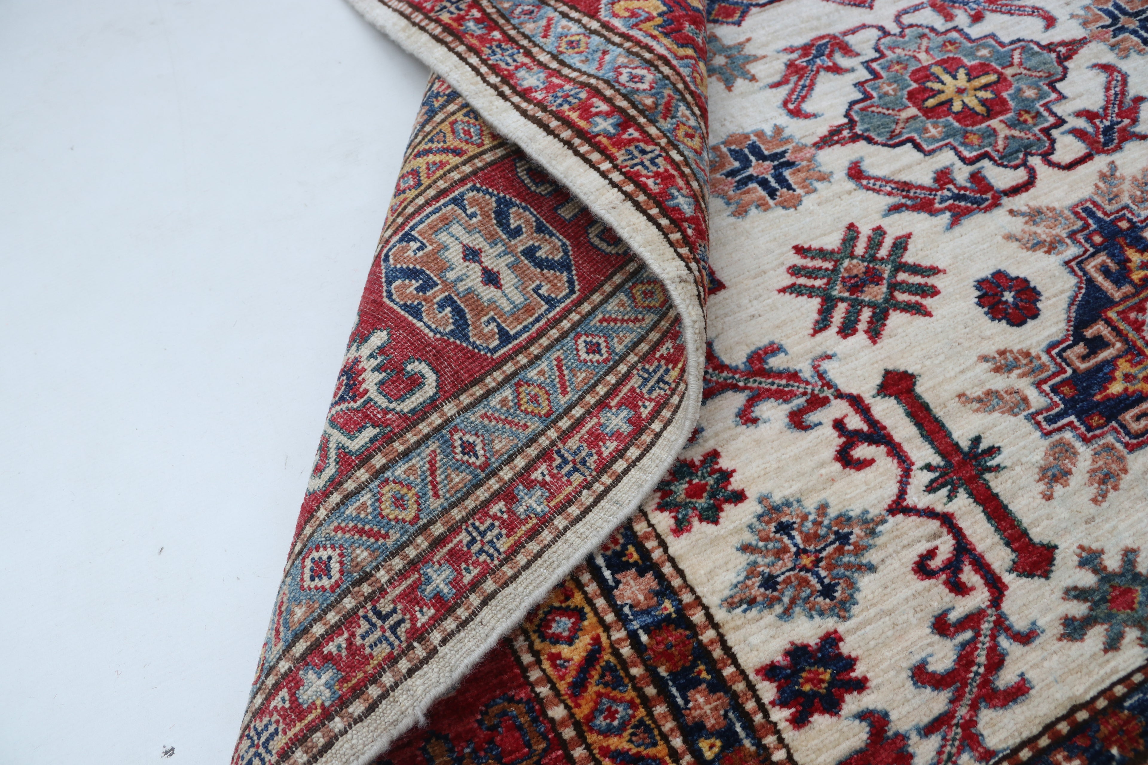 5x6 Beige & Red Super Kazak Area Rug | Handmade Wool & Cotton Geometric Rug