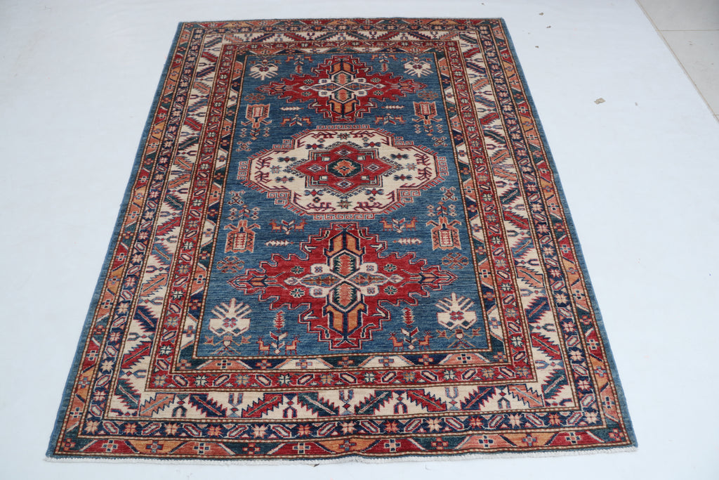 5x6 Beige & Red Super Kazak Area Rug | Handmade Wool & Cotton Geometric Rug